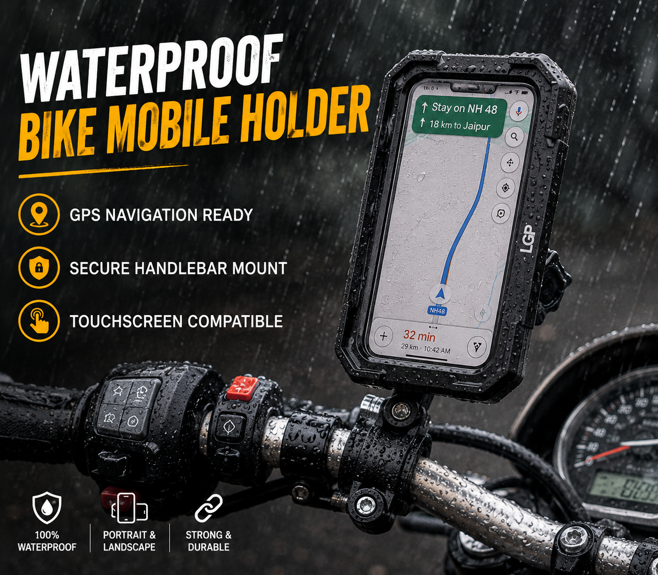 LGP Waterproof Bike Mobile Holder Rainproof Phone Mount with 360° Rotation