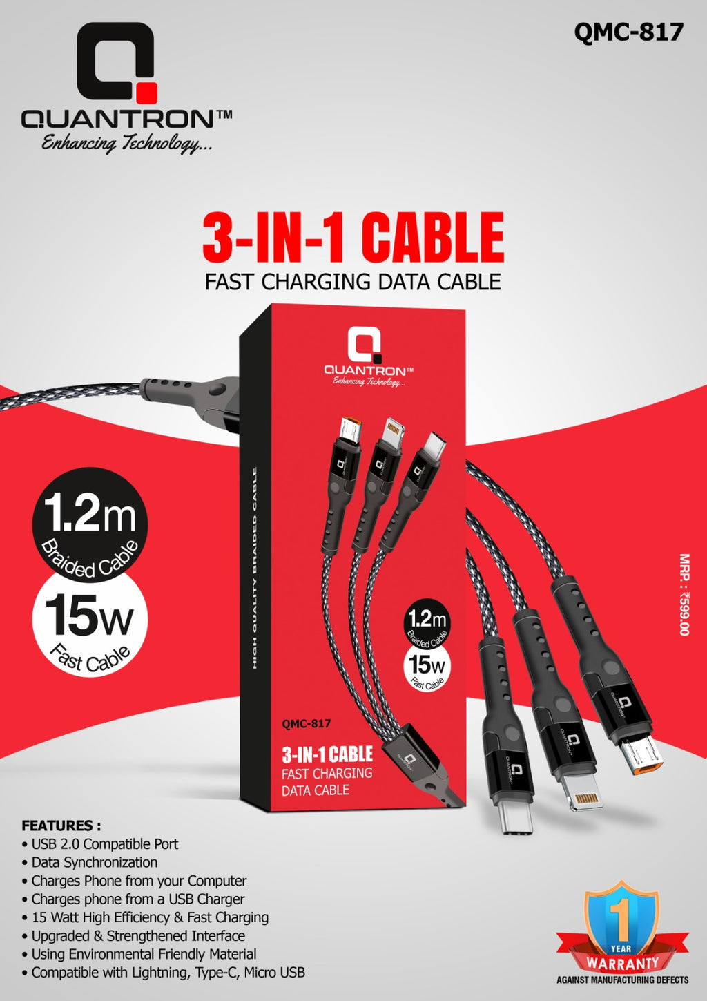 QMC-817 Braided 3-IN-1 Data Cable 1.2Mtrs (15Watt)